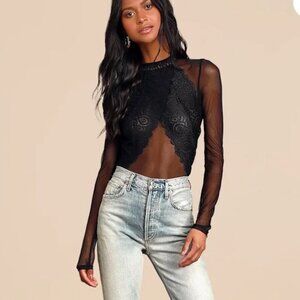 LULU'S SHOW STOPPING BLACK SHEER LACE BODYSUIT MED NWT